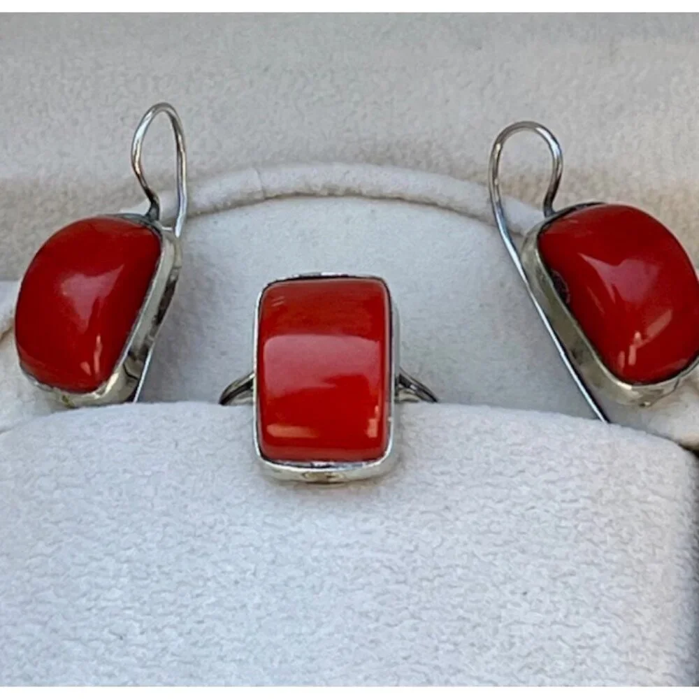 Sterling Silver and Red Coral Ring and Earring Statement Set EUC Size 6.75